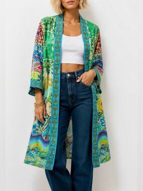 Johnny Was ARMERIA Patchwork REVERSIBLE Embroidered Silk Long Kimono Medium NEW